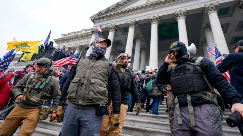 Members of the Oath Keepers are seen on the East Front of the US Capitol in Washington, DC, on January 6, 2021.