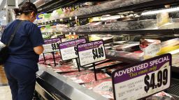 Beef is advertised for sale in a grocery store on September 13, 2022 in Los Angeles, California. 