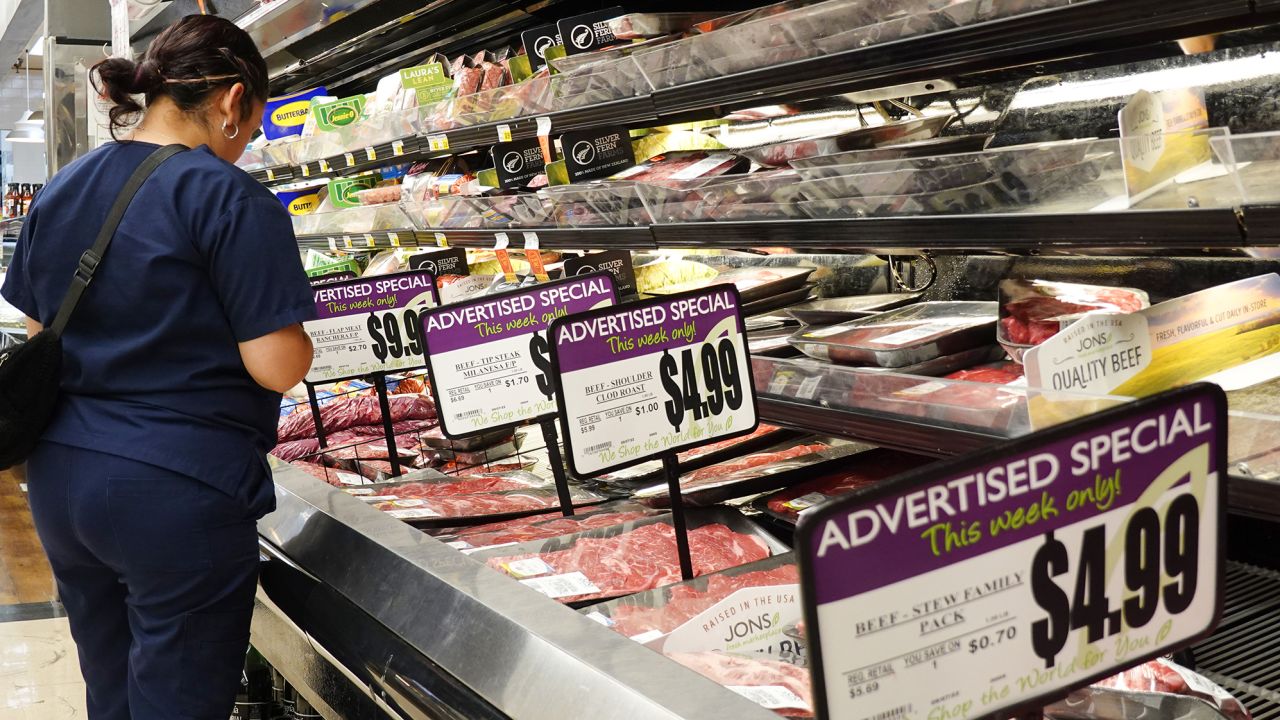 Beef is advertised for sale in a Los Angeles grocery store on September 13.