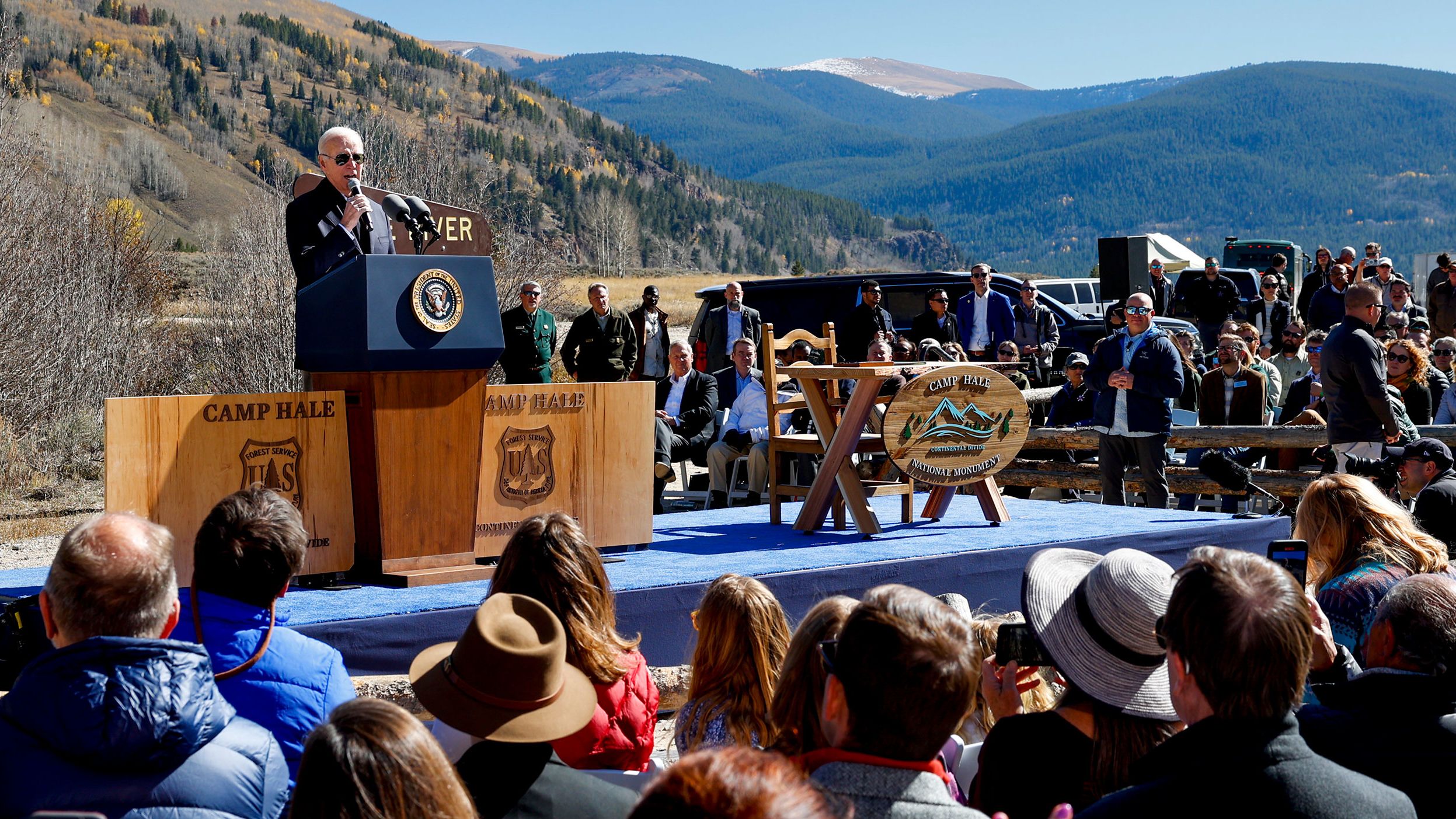RED CLIFF, CO - OCTOBER 12: U.S. President Joe Biden gives a speech before designating Camp Hale as a national monument on October 12, 2022 in Red Cliff, Colorado. Camp Hale, a World War II training ground for the 10th Mountain Division, is the first national monument that Biden has designated during his term as president. (Photo by Michael Ciaglo/Getty Images)