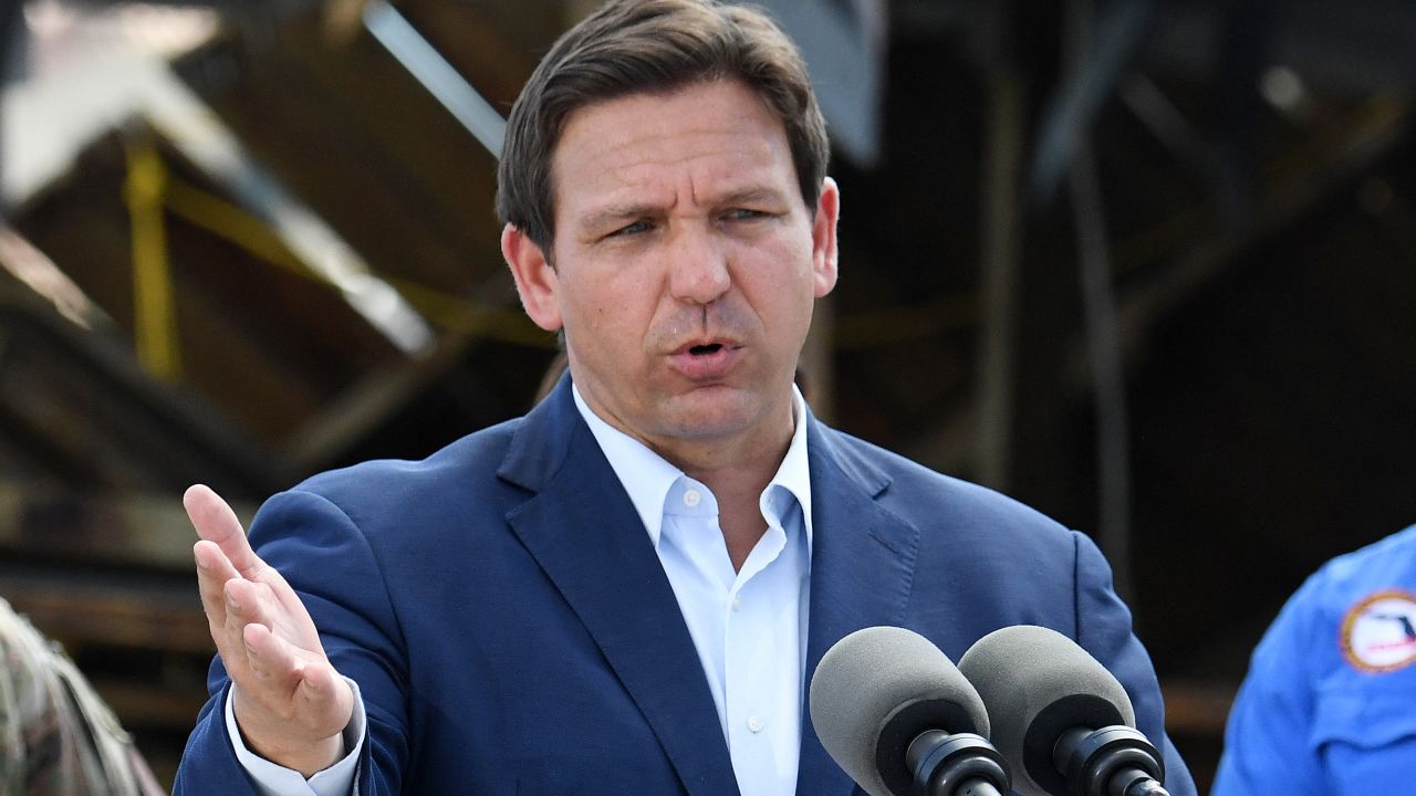 Florida Gov. Ron DeSantis speaks on October 5, 2022, in a Fort Myers neighborhood impacted by Hurricane Ian.