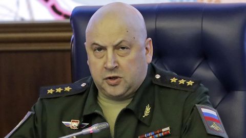 Colonel Sergei Surovkin, then commander of Russian forces in Syria, speaks at a briefing at the Russian Defense Ministry in Moscow, June 9, 2017.