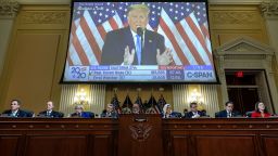 WASHINGTON, DC - OCTOBER 13: A video of former President Donald Trump is played during a hearing by the House Select Committee to Investigate the January 6th Attack on the U.S. Capitol in the Cannon House Office Building on October 13, 2022 in Washington, DC. The bipartisan committee, in possibly its final hearing, has been gathering evidence for almost a year related to the January 6 attack at the U.S. Capitol. On January 6, 2021, supporters of former President Donald Trump attacked the U.S. Capitol Building during an attempt to disrupt a congressional vote to confirm the electoral college win for President Joe Biden. (Photo by Alex Wong/Getty Images)