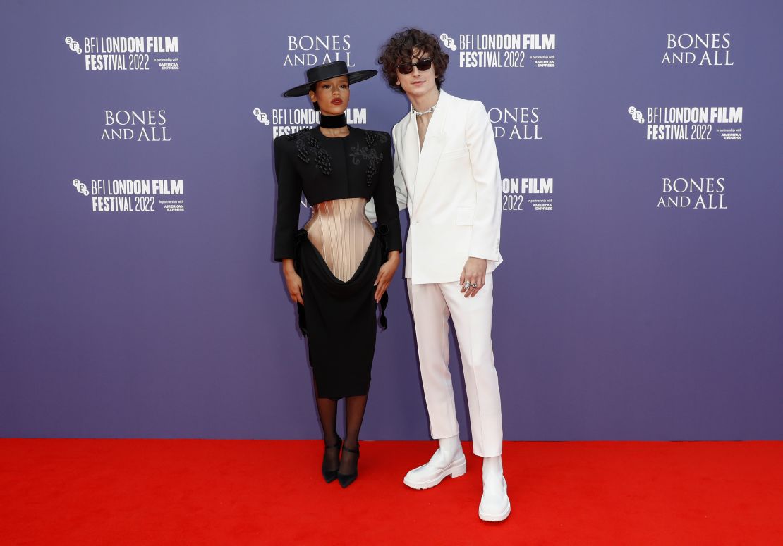 Taylor Russell and Timothée Chalamet attend the "Bones & All" premiere during the 66th BFI London Film Festival at The Royal Festival Hall on October 8, 2022 in London, England. 