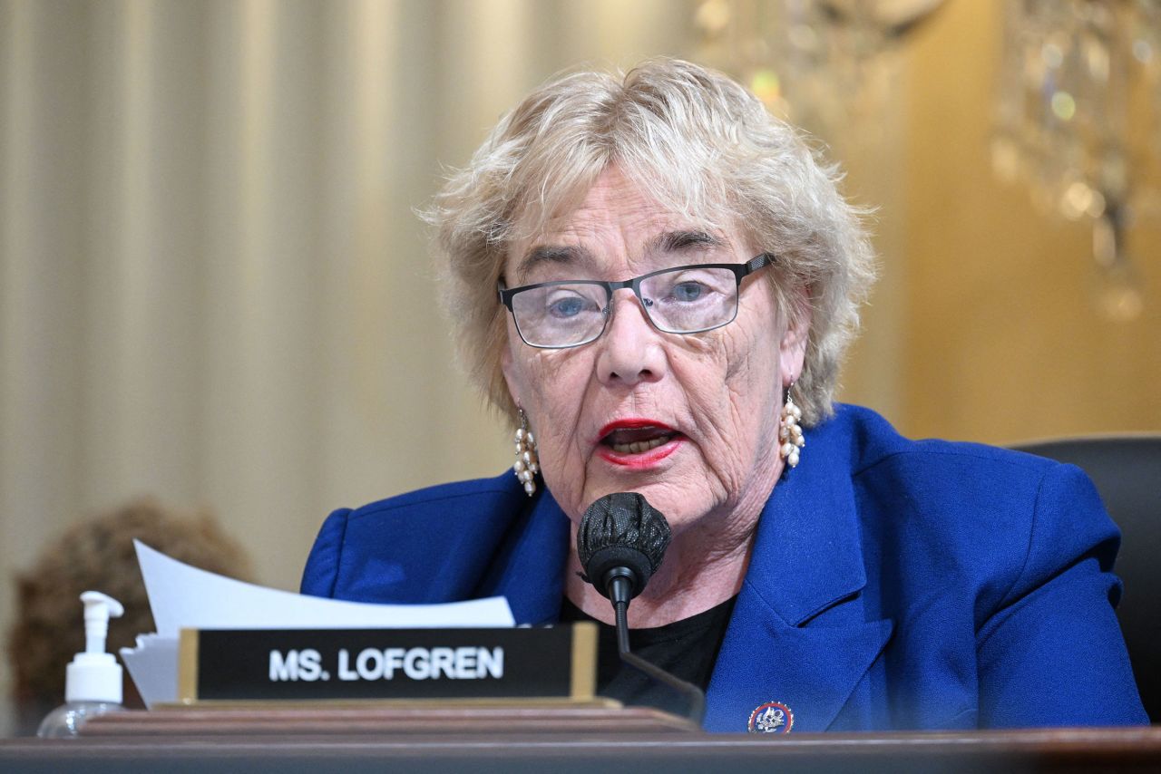 US Rep. Zoe Lofgren, one of the committee members, speaks during Thursday's proceedings. The committee <a href="https://www.cnn.com/politics/live-news/jan-6-hearing-livestream-10-13-2022#h_b11a1b077e0a7734c1e03434945c0dd7" target="_blank">revealed new evidence</a> that Trump had a premeditated plan to declare victory no matter what the election results were. "The evidence shows that his false victory speech was planned well in advance, before any votes had been counted," Lofgren said.