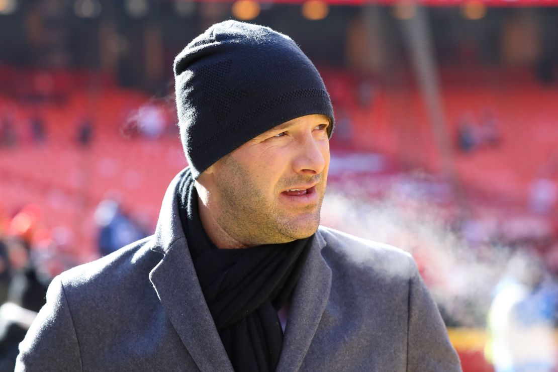 CBS broadcaster Tony Romo looks on before the AFC Championship game between the Tennessee Titans and Kansas City Chiefs on January 19, 2020 at Arrowhead Stadium in Kansas City.
