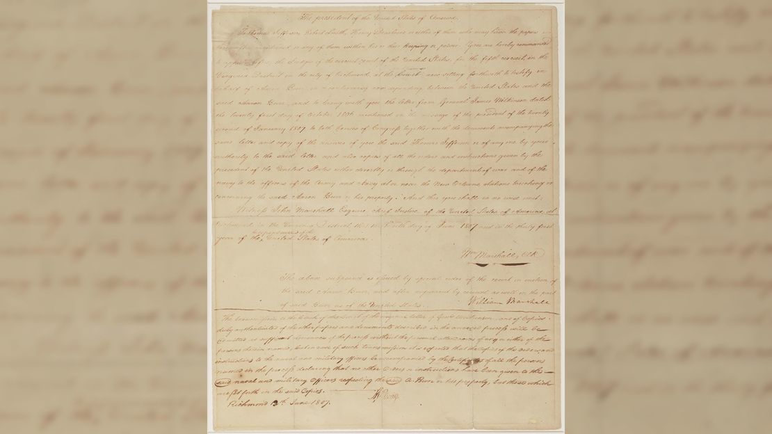 Subpoena served on Thomas Jefferson to testify at Aaron Burr's trial for treason on June 13, 1807.