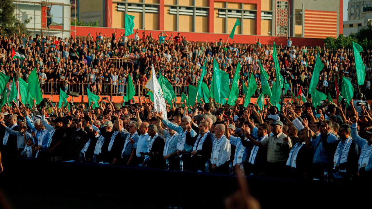 Supporters of the Palestinian Hamas movement attend a rally in Gaza City on October 1.