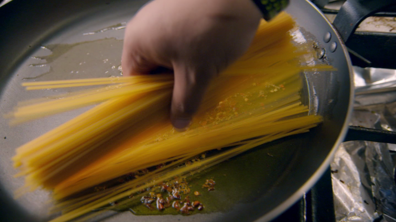 The two things you need for the dish is a powerful fire and a big pan that will fit the spaghetti.