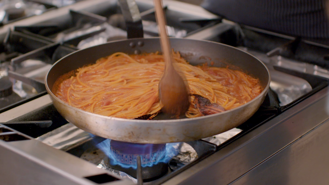 The trick to the dish is to burn it enough to make it crunchy, but not burn it so much that it's bitter.
