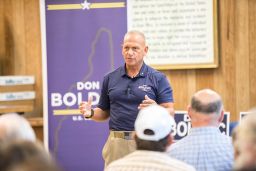 Republican Senate candidate Don Bolduc greets supporters at a town hall event on September 10, 2022.