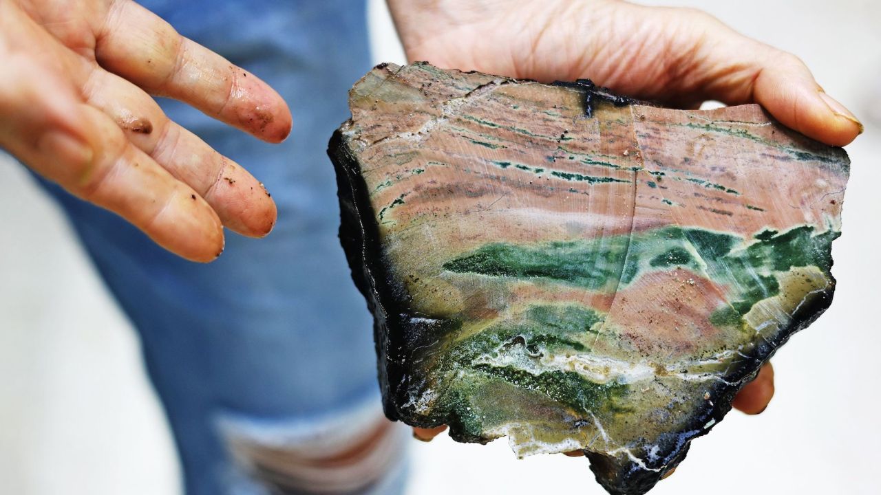 University of Hawaii geologist Ken Rubin, professor of geochemistry and volcanology, holds a fragment of the North American tectonic plate
collected by Alvin.