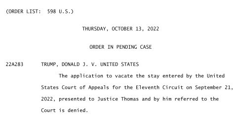 An image made from Supreme Court documents showing an order denying Trump.