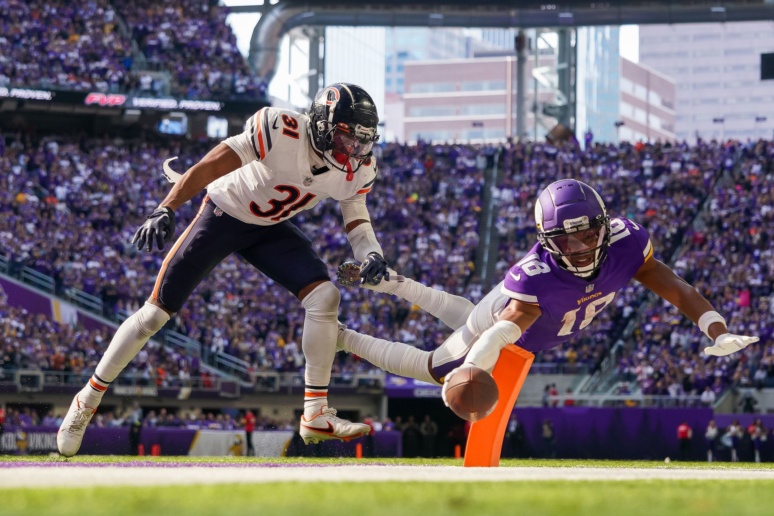 Minnesota wide receiver Justin Jefferson dives for a two-point conversion during the Vikings' 29-22 victory over Chicago on Sunday, October 9.