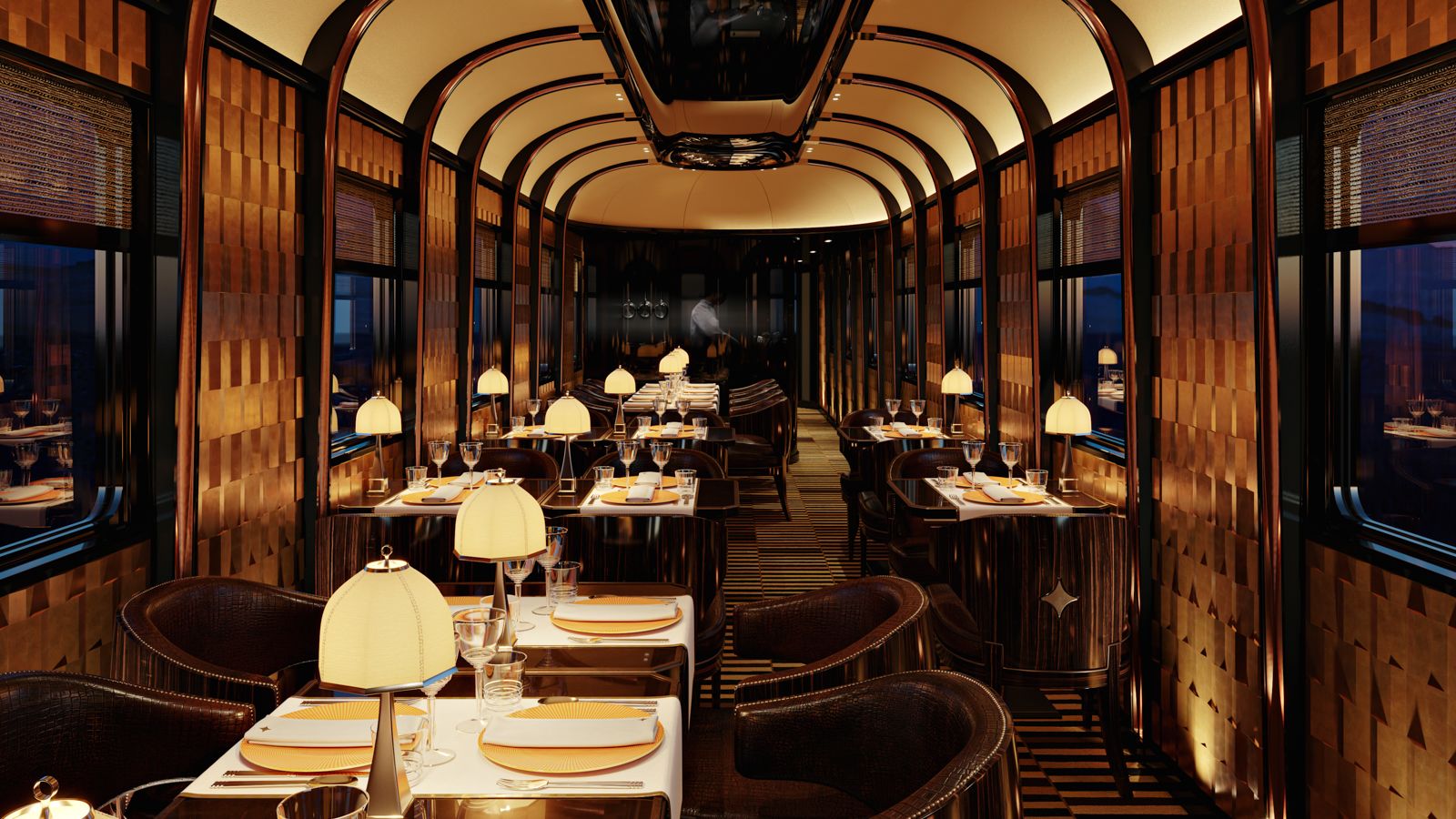 Architecture Hub - Venice Simplon-Orient-Express. Made up of original 1920s  and 30s European carriages, faithfully restored to their original elegance.  See more: themindcircle.com/venice-simplon-orient-express/