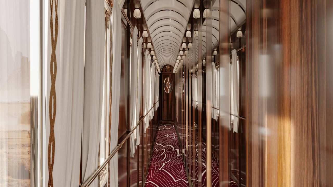 The corridors of the newly designed trains include vaulted ceilings and a rich carpet.