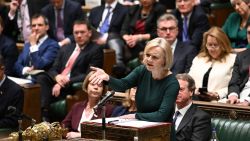In this handout photo provided by UK Parliament, Britain's Prime Minister Liz Truss speaks during Prime Minister's Questions in the House of Commons in London, Wednesday, Oct. 12, 2022. (Jessica Taylor/UK Parliament via AP)