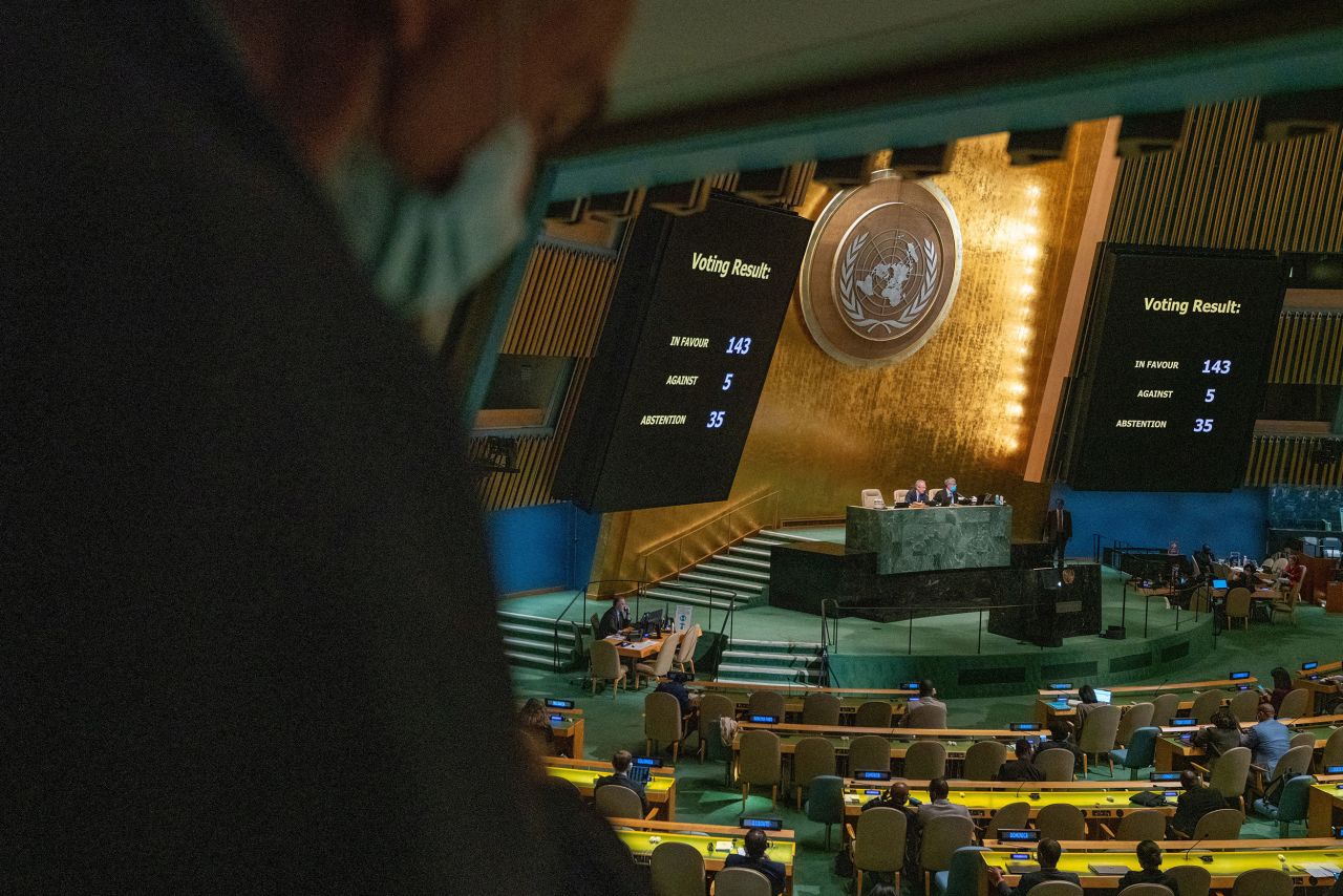 Monitors at the United Nations General Assembly Hall display the results of a vote Wednesday, October 12, that condemned Russia's annexation of parts of Ukraine. The General Assembly overwhelmingly approved the resolution, which told Russia its annexation of four Ukrainian zones <a href="https://edition.cnn.com/europe/live-news/russia-ukraine-war-news-10-12-22/h_30862aafd2c5477cdd3cf0ea262f87ab" target="_blank">is illegal and not valid.</a>