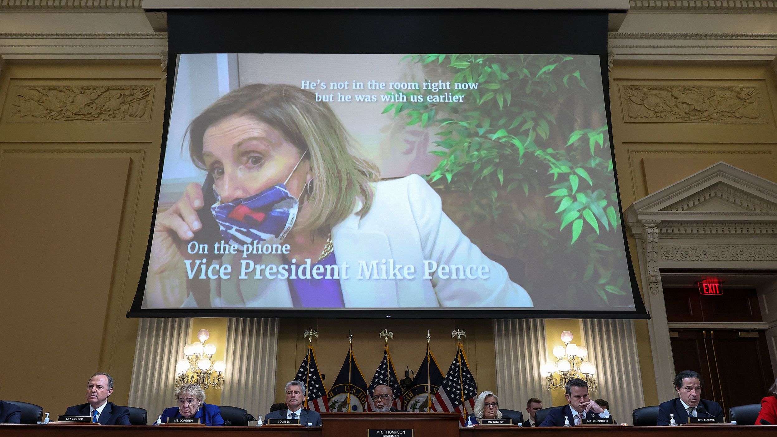 A video of House Speaker Nancy Pelosi is played during the hearing on October 13. The committee aired <a href="index.php?page=&url=https%3A%2F%2Fwww.cnn.com%2Fpolitics%2Flive-news%2Fjan-6-hearing-livestream-10-13-2022%23h_f9536f8593b3ec4a84653366d50fdf77" target="_blank">previously unseen footage from Fort McNair,</a> the DC-area Army base where congressional leaders took refuge during the insurrection and scrambled to respond to the unfolding crisis.