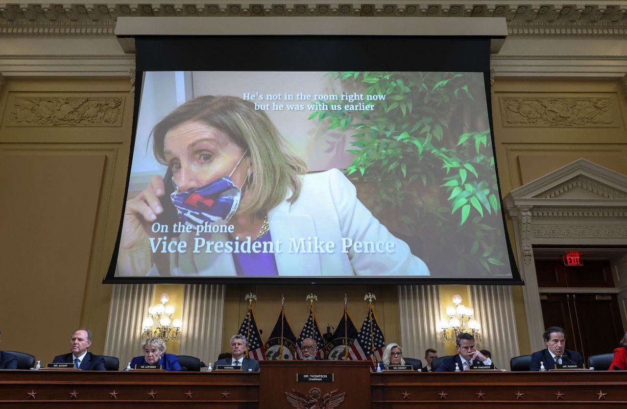 A video of House Speaker Nancy Pelosi is played during Thursday's hearing. The committee aired <a href="https://www.cnn.com/politics/live-news/jan-6-hearing-livestream-10-13-2022#h_f9536f8593b3ec4a84653366d50fdf77" target="_blank">previously unseen footage from Fort McNair,</a> the DC-area Army base where congressional leaders took refuge during the insurrection and scrambled to respond to the unfolding crisis.