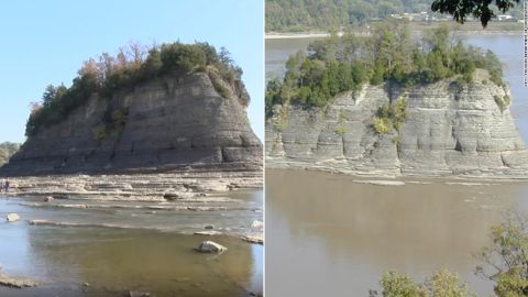 Tower Rock, left, taken this week. Tower Rock aerial photo, right, under normal water conditions. 