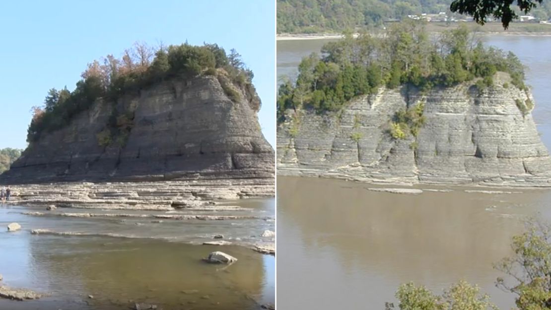 Tower Rock, left, taken this week. Tower Rock aerial photo, right, under normal water conditions. 