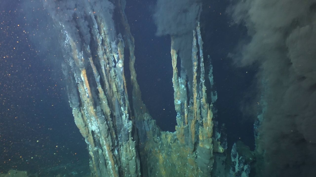 The Beebe Hydrothermal Vent Field, the deepest and hottest known hydrothermal vent in the world, is visible from a dive of the submersible Alvin near the Cayman Islands in the Caribbean.