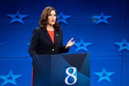 Democratic Gov. Gretchen Whitmer speaks during a Michigan Governor debate Thursday, Oct. 13, 2022,  at WOOD-TV in Grand Rapid, Mich.