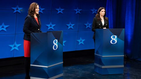 Democratic Gov. Gretchen Whitmer, left, and Republican gubernatorial candidate Tudor Dixon are seen during a Michigan Governor debate, Thursday, Oct. 13, 2022,  at WOOD-TV in Grand Rapid, Mich. 