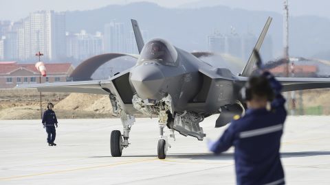 An F-35A fighter jet lands at Chungju Air Base on March 29, 2019 in Chungju, South Korea.