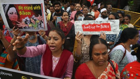 Women in Mumbai attend a protest against the release of the men in Mumbai on August 23, 2022.