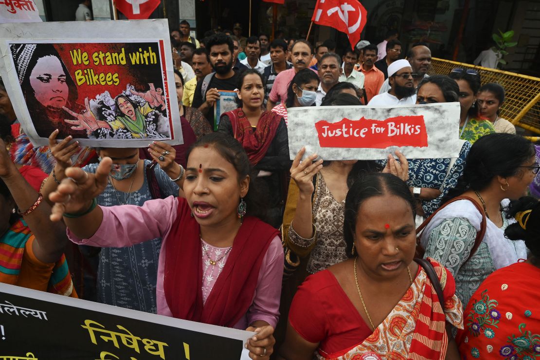 Women in Mumbai attend a protest against the men's release in Mumbai on August 23, 2022.