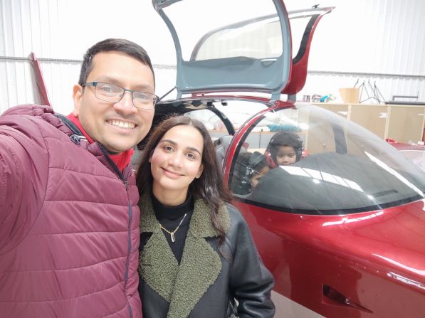 <strong>Self-assembled plane:</strong> Engineer Ashok Aliseril, seen with his wife Abhilasha, spent 18 months building this four-seater Sling TSi aircraft so that he could fly his family around the UK.