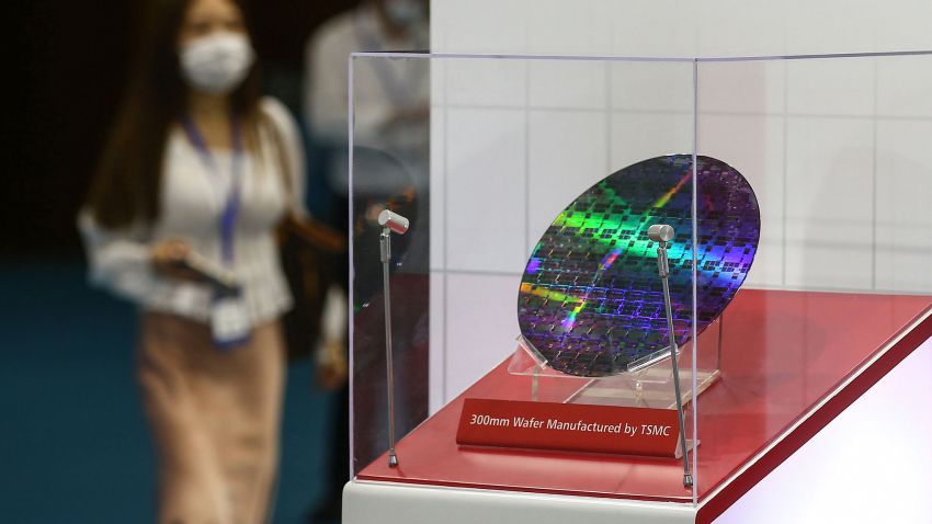 A chip by Taiwan Semiconductor Manufacturing Company (TSMC) is seen at the 2020 World Semiconductor Conference in Nanjing in China's eastern Jiangsu province on August 26, 2020.