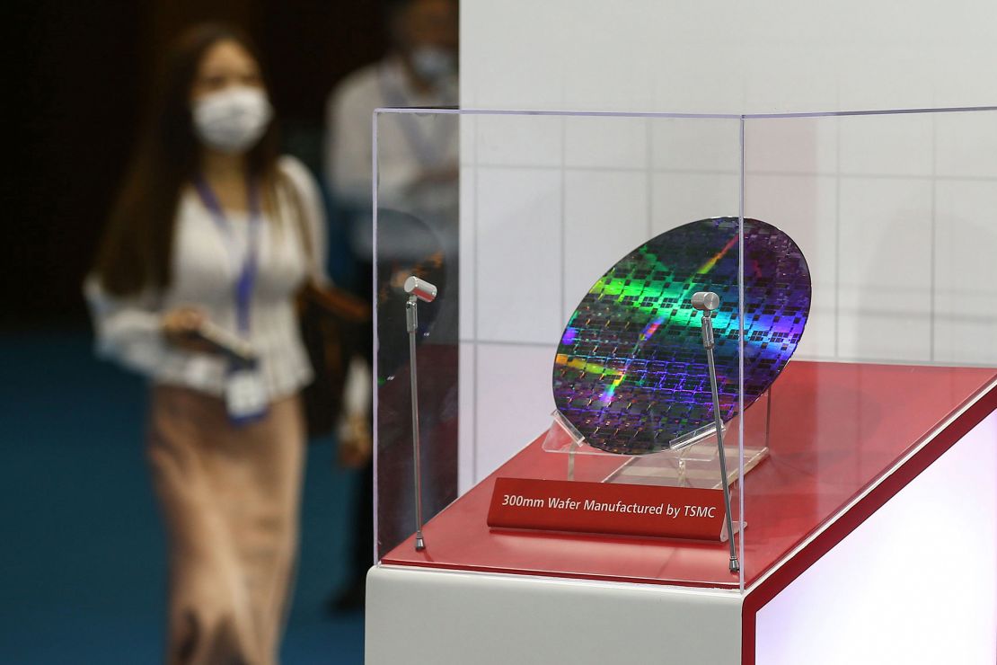 A chip by Taiwan Semiconductor Manufacturing Company (TSMC) is seen at the 2020 World Semiconductor Conference in Nanjing in China's eastern Jiangsu province on August 26, 2020. 