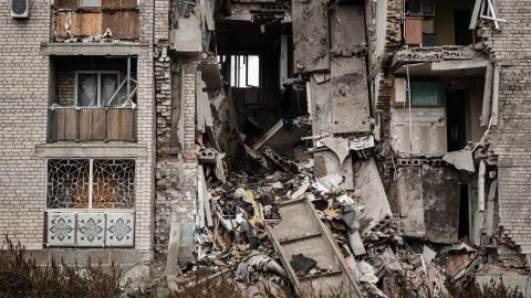 A destroyed apartment remains is seen Tuesday in Bakhmut.