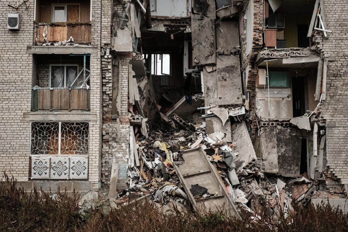 A destroyed apartment remains is seen Tuesday in Bakhmut.