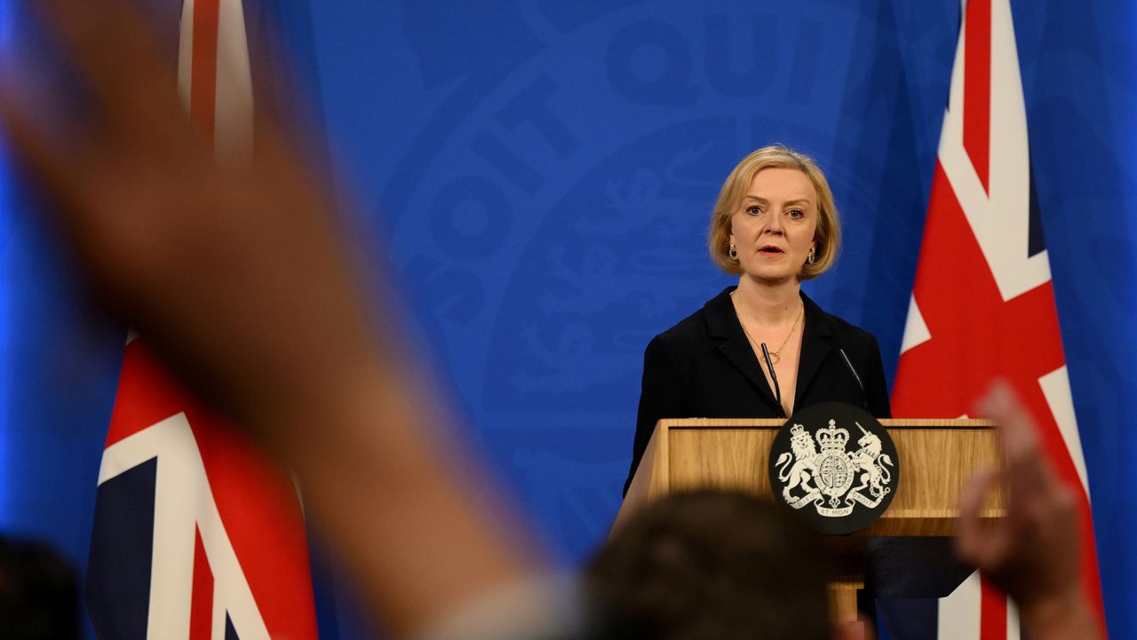 UK Prime Minister Liz Truss answers questions at a press conference in 10 Downing Street after sacking her former Chancellor, Kwasi Kwarteng, on October 14, 2022 in London, England. After just five weeks in the job, Prime Minister Liz Truss has sacked Chancellor of The  Exchequer Kwasi Kwarteng after he delivered a mini-budget that plunged the UK economy into crisis.