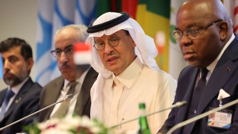 Abdulaziz bin Salman, Saudi Arabia's energy minister, center, speaks during a news conference following a meeting of OPEC+ countries in Vienna, Austria, on October 5. 