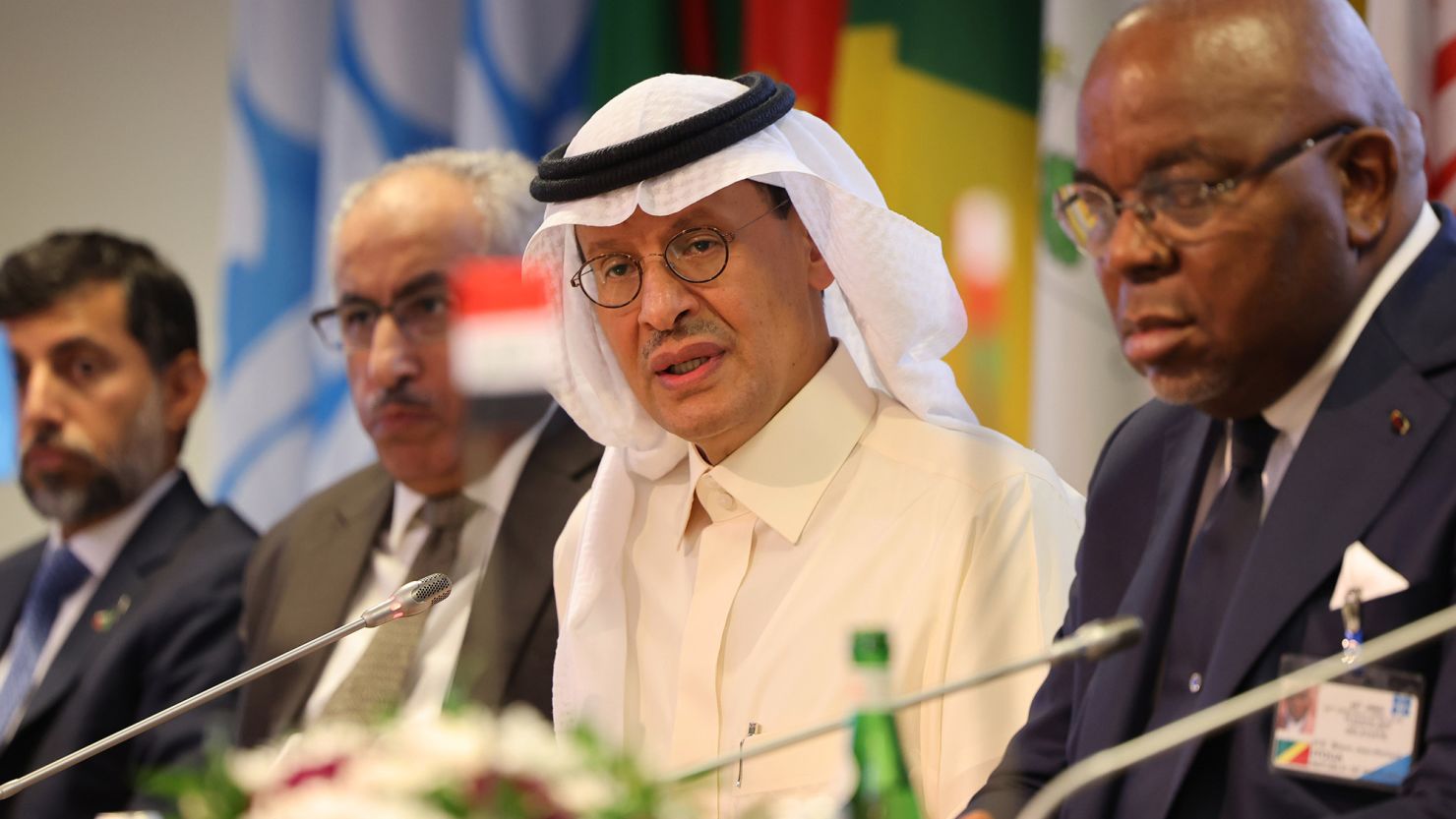 Abdulaziz bin Salman, Saudi Arabia's energy minister, center, speaks during a news conference following a meeting of OPEC+ countries in Vienna, Austria, on October 5. 
