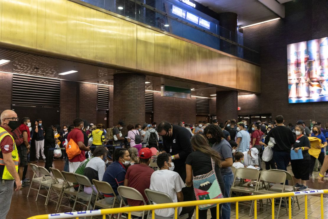 Migrants from Texas arrive at the Port Authority bus terminal in New York on August 17.