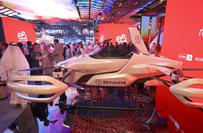 The XPeng X2 is just one of dozens of flying cars currently in development. SkyDrive's single passenger flying car, designed to be a zero-emission flying craft, was also on display at Gitex 2022.