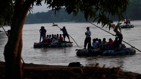 Venezuelan migrants crossing the Suchiate river between Guatemala and Mexico.