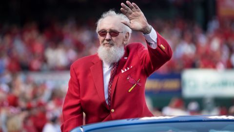 Bruce Sutter waves to the crowd during the 2018 home opener game between the St. Louis Cardinals and the Arizona Diamondbacks on April 05, 2018 at Bush Stadium.