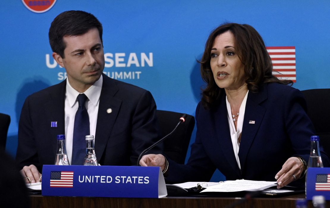 Transportation Secretary Pete Buttigieg, left, listens to Vice President Kamala Harris speak during the US-ASEAN Special Summit at the State Department in Washington, DC, on May 13, 2022. 