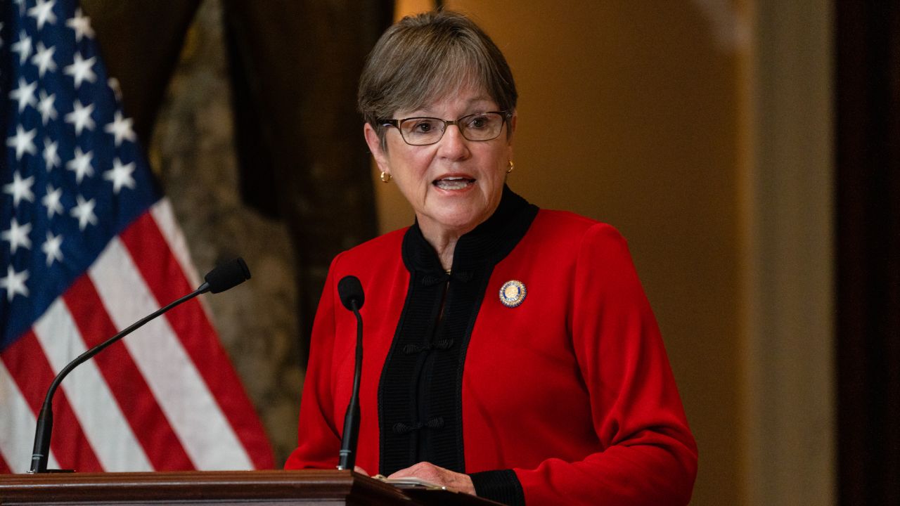 Kansas Gov. Laura Kelly speaks during a ceremony to unveil a statue of Amelia Earhart in Statuary Hall at the US Capitol in Washington, DC, on July 27, 2022. 