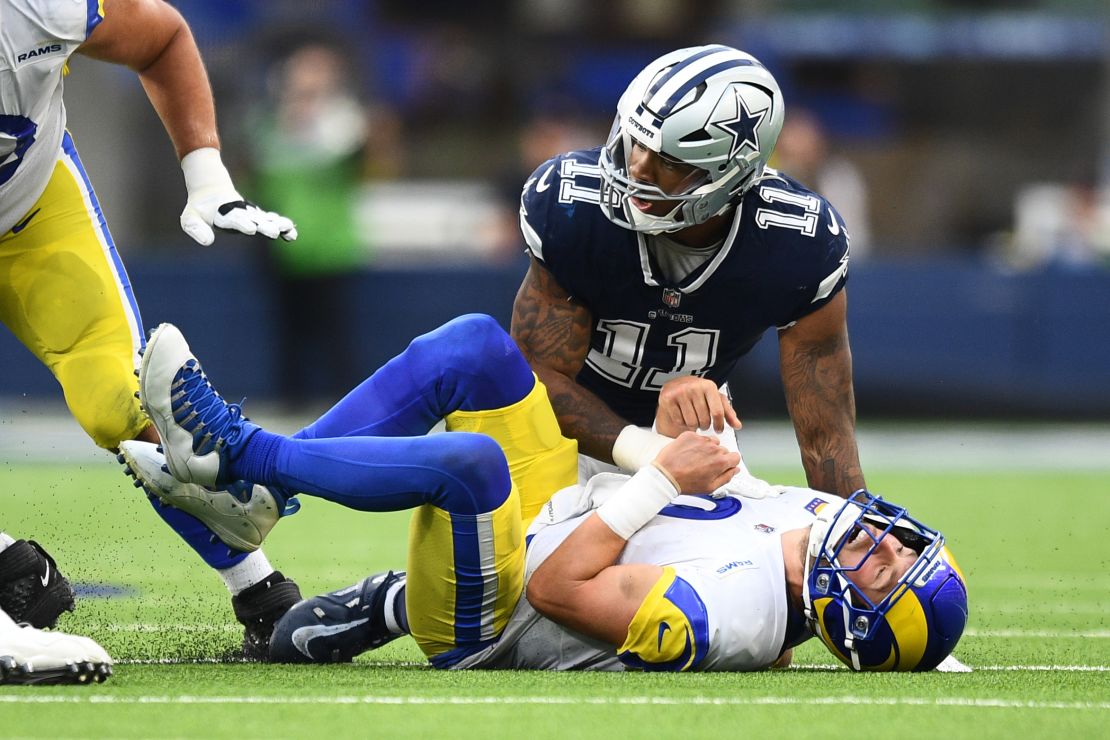 Micah Parsons sacked Los Angeles Rams quarterback Matthew Stafford when the Cowboys played the Rams.