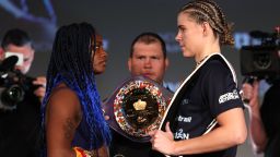 Claressa Shields (L) and Savannah Marshall (R) face-off during the weigh in ahead of their undisputed middleweight championship fight at Genesis Cinema on October 14, 2022 in London, England. 