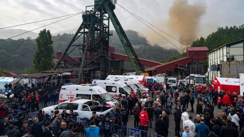 People gather outside a coal mine after an explosion in Amasra, in Bartin Province, Turkey, on October 15, 2022. 