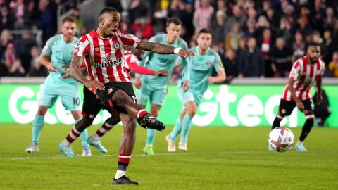 Ivan Toney scores his side's second goal of the game from the penalty spot.